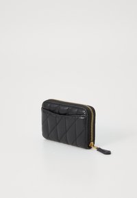 Black quilted leather wallet with a zip closure and gold-tone hardware. Features a back pocket and a smooth texture. Compact rectangular shape.