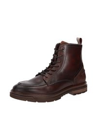 Stivali alla caviglia in pelle marrone con una finitura liscia, punta rotonda, design con lacci e collare imbottito. Presentano una suola in gomma testurizzata e un'etichetta di movimento.