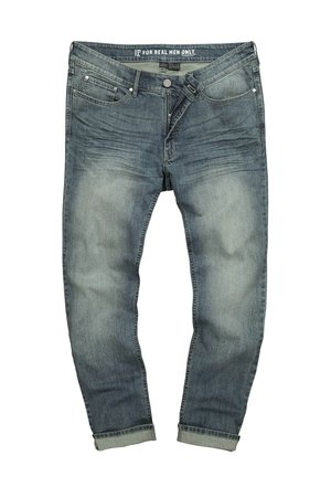 Jeans in denim blu sbiadito con taglio dritto, cinque tasche, chiusura con bottone e orli arrotolati. Il tessuto presenta un leggero effetto usurato e una superficie liscia.