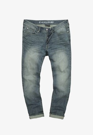 Vybledlé modré džíny s rovným střihem, pěti kapsami, knoflíkovým zapínáním a ohrnutými lemy. Tkanina vykazuje mírné opotřebení a hladkou texturu.