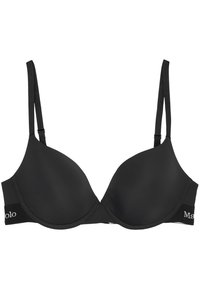 Sujetador push-up negro hecho de tejido suave con copas moldeadas, tirantes ajustables y una banda elástica decorativa con el logo.