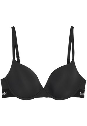Schwarzer Push-up-BH aus glattem Stoff mit vorgeformten Cups, verstellbaren Trägern und einem dekorativen Elastikband mit Logo.