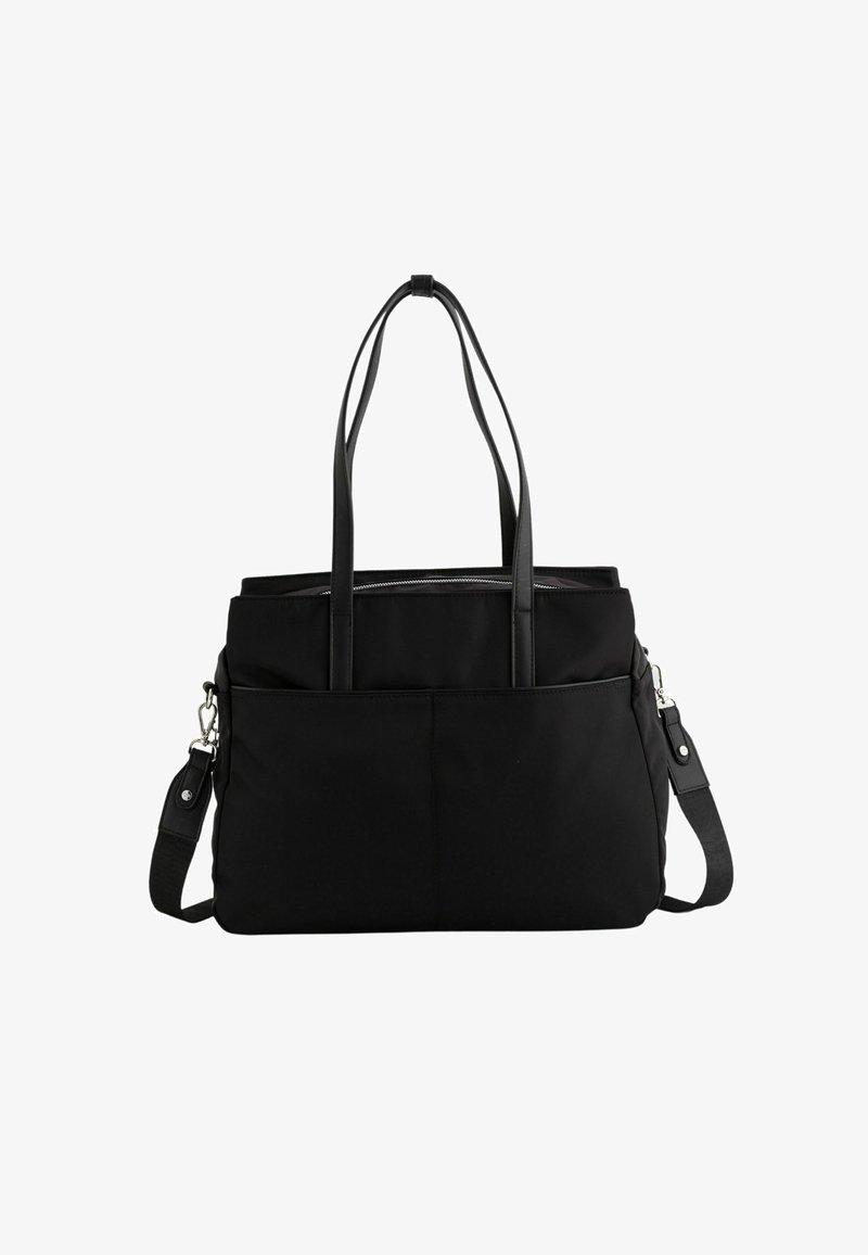 Zwarte tote bag gemaakt van duurzaam stof met twee bovenhandvaten, een afneembare schouderriem en frontzakken voor gemakkelijke toegang.
