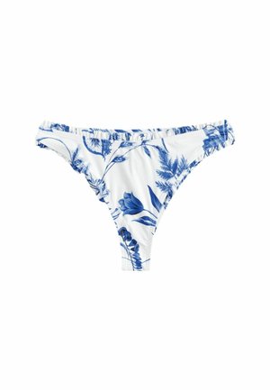 Hvide bikiniunderdel med blå blomsterprint, flæsedetaljer, strækbart stof og trekantet design.