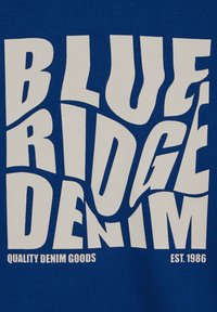 Modra majica s bold belim besedilom. V vsebuje "BLUE RIDGE DENIM" v popačenem fontu, z "QUALITY DENIM GOODS" in "EST. 1986" spodaj.