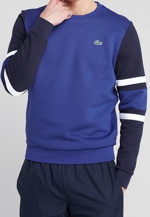 Hombre que lleva una sudadera azul con mangas negras, que presenta rayas horizontales blancas y un pequeño logo de cocodrilo verde en el pecho.