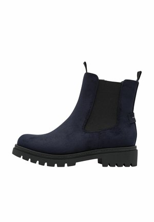 Dunkelblauer Chelsea-Stiefel aus Veloursleder mit schwarzem elastischem Seitenteil, robuster schwarzer Sohle und Zuglaschen am Knöchel und an der Ferse.