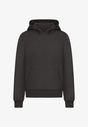 Black hoodie made of soft fabric, featuring a front pocket, drawstring hood, ribbed cuffs, and hem. Simple design with no patterns.
