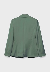 Vue arrière d'un blazer vert sauge uni à manches longues avec col, présenté sur un fond gris clair.