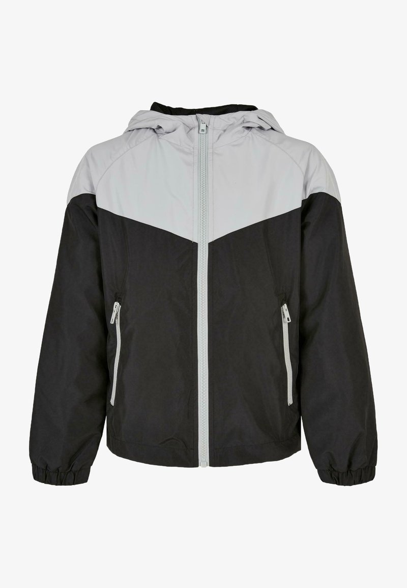 Veste à capuche avec section supérieure gris clair et corps inférieur noir, fermeture éclair frontale, poignets élastiques et poches latérales zippées.