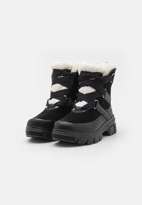 Black winter boots with suede and faux fur lining. Features crisscross straps and a chunky rubber sole with textured tread for grip.