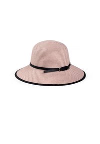 Szeroki kapelusz słomkowy w jasnoróżowym kolorze z czarnym wykończeniem i czarną wstążką. Teksturowana, okrągła korona o gładkiej fakturze i subtelnym przeszyciu.
