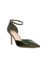 Green patent leather high heel pump with a pointed toe, ankle strap, and a thin stiletto heel. Smooth texture and shiny finish.
