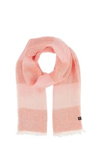 Let scarf i en gradient af bløde lyserøde nuancer, med en frynset kant og en subtil tekstur samt et lille logo-tag.