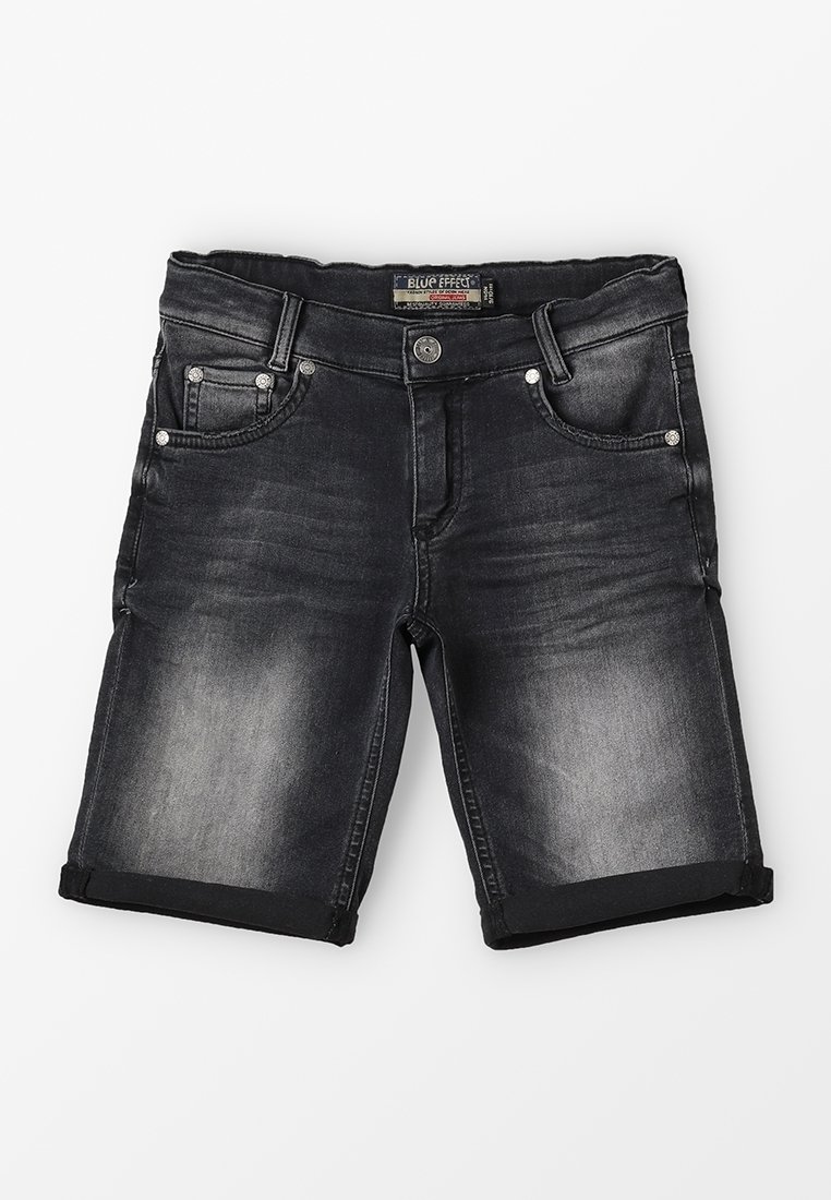 Shorts en denim gris foncé avec ourlet roulé, cinq poches, fermeture par bouton métallique et détails de décoloration subtils sur le tissu.