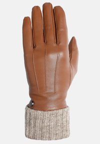Brun læderhandske med tre lodrette sømme på bagsiden og en strikket beige manchet, der har en metallisk detalje nær håndleddet.
