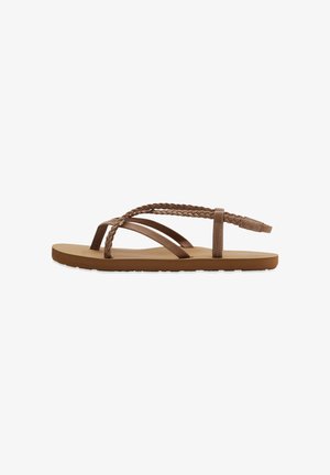 Sandale flip-flop marron avec une semelle mate. Présente des sangles tressées et un design plat pour un style décontracté. Surface texturée pour une meilleure adhérence.