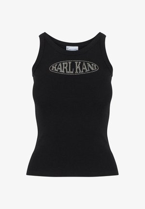 Black ribbed tank top with wide shoulder straps, featuring a rounded logo embellished with clear rhinestones at the chest.