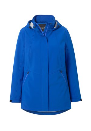 Chaqueta impermeable azul con capucha, que cuenta con bolsillos con cremallera, una textura suave y un diseño de corte recto. Detalles en colores contrastantes.
