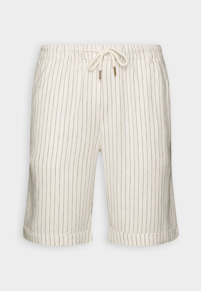 Short blanc avec fines rayures noires verticales et taille à cordon, avec ourlets repliés et poches latérales.