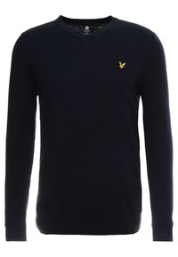 Maglione a scollo a V blu navy in tessuto lavorato a maglia, con maniche lunghe e un piccolo logo ricamato giallo sulla parte sinistra del petto.