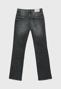 Jeans in denim nero con taglio dritto, caratterizzati da una texture slavata, due tasche posteriori e un'etichetta in vita.