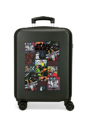 Maleta rígida negra con ilustraciones de personajes y naves espaciales al estilo cómic de Star Wars en la parte frontal, con cuatro ruedas y asa retráctil.
