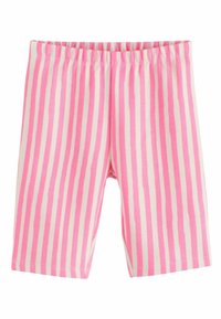 Pantalones cortos a rayas rosas y blancas con cintura elástica, hechos de tela suave. El diseño presenta rayas verticales alternas.