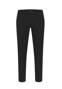 Pantalones negros de corte slim, fabricados en un tejido liso y entrelazado. Presenta un cierre de botón clásico y un diseño de cinco bolsillos.