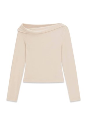 Schulterfreies Langarmoberteil in hellem Beige, aus einem weichen, glatten Stoff mit leicht weiter Passform und breitem Ausschnitt.