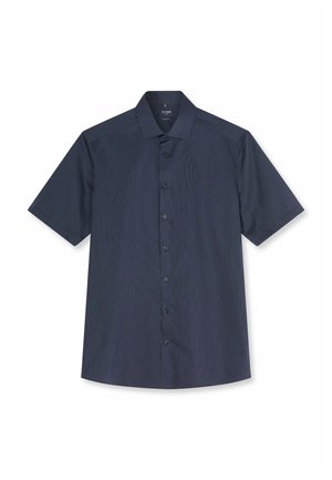 Marineblaue Hemd für Herren mit kurzen Ärmeln, Knopfleiste, feinem Strukturmuster und klassischem Kragen, flach auf weißem Hintergrund liegend.