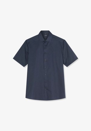 Camicia da uomo a maniche corte, blu navy, con bottoni e motivo leggermente testurizzato, colletto classico, mostrata distesa su sfondo bianco.