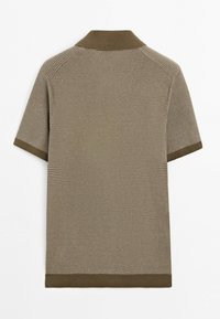 Short-sleeve knitted polo shirt in olive green with ribbed collar, cuffs, and hem, shown from the back on a white background.