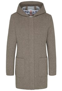 Cappotto in misto lana marrone con cappuccio, caratterizzato da un design dritto, due tasche frontali e una fodera a quadri grigi con accenti rossi.