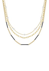 Kuldtooniline kihiline kaelakee, mis sisaldab erinevaid keti stiile, väikseid musti aktsente ja laialipillatud valgeid pärleid. Mitmekesised tekstuurid ja pikkused.