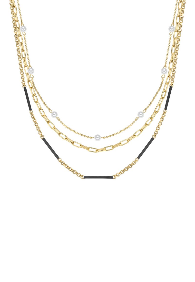 Kuldtooniline kihiline kaelakee, mis sisaldab erinevaid keti stiile, väikseid musti aktsente ja laialipillatud valgeid pärleid. Mitmekesised tekstuurid ja pikkused.
