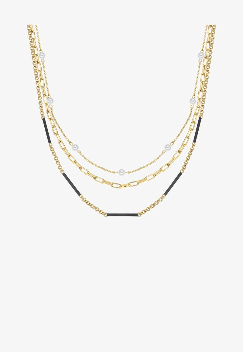 Kuldtooniline kihiline kaelakee, mis sisaldab erinevaid keti stiile, väikseid musti aktsente ja laialipillatud valgeid pärleid. Mitmekesised tekstuurid ja pikkused.