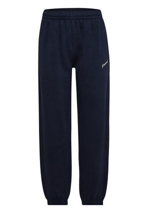 Marineblauwe joggingbroek met elastische tailleband en boorden, klein wit logo op het bovenbeen, losse pasvorm geschikt voor casual gebruik.