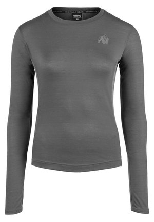 Ilgaamžis sportinis marškinėliai tamsiai pilkos spalvos, pagaminti iš tekstūruotos medžiagos, su apvalia iškirpte ir maža gorilos logo ant krūtinės.