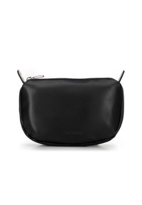 Black leather pouch with a smooth texture, rectangular shape, and a zipper closure. Includes a discreet logo embossed on the front.