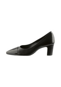 Black leather low-heeled pump with a pointed patent toe cap and smooth finish, shown from the inner side.