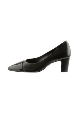Black leather low-heeled pump with a pointed patent toe cap and smooth finish, shown from the inner side.