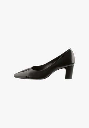 Schwarze Leder-Pumps mit niedrigem Absatz, spitz zulaufender Lackspitze und glatter Oberfläche, von der Innenseite gezeigt.