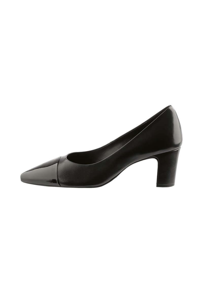 Black leather low-heeled pump with a pointed patent toe cap and smooth finish, shown from the inner side.