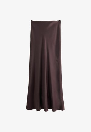 Brown, floor-length skirt made from smooth, lightweight fabric. Features a simple, flowing design with no visible patterns or accents.