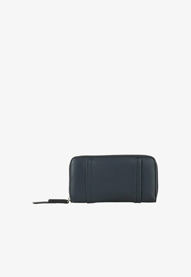 Cartera de cuero azul marino con un acabado texturizado, que cuenta con un cierre de cremallera alrededor y tres costuras verticales de acento en la parte frontal.