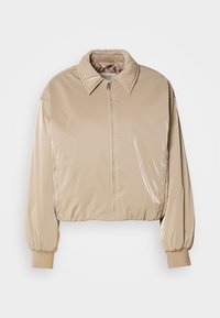 Beige, glossy puffer jacket with a collared neck, front zipper, and elastic cuffs. Features a cropped design and smooth texture.