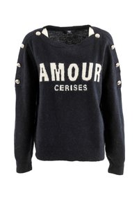 Maglione blu navy realizzato in un materiale morbido, con la parola "AMOUR" in bianco, arricchito da bottoni argentati sulle spalle e scollatura tonda.