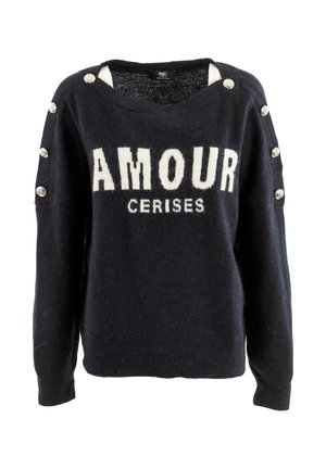 Pull bleu marine en tissu duveteux avec le mot "AMOUR" en blanc, orné de boutons argentés sur les épaules et d'un col rond.