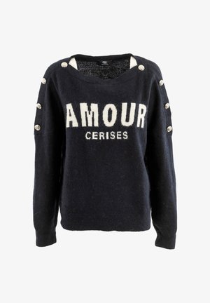 Pull bleu marine en tissu duveteux avec le mot "AMOUR" en blanc, orné de boutons argentés sur les épaules et d'un col rond.